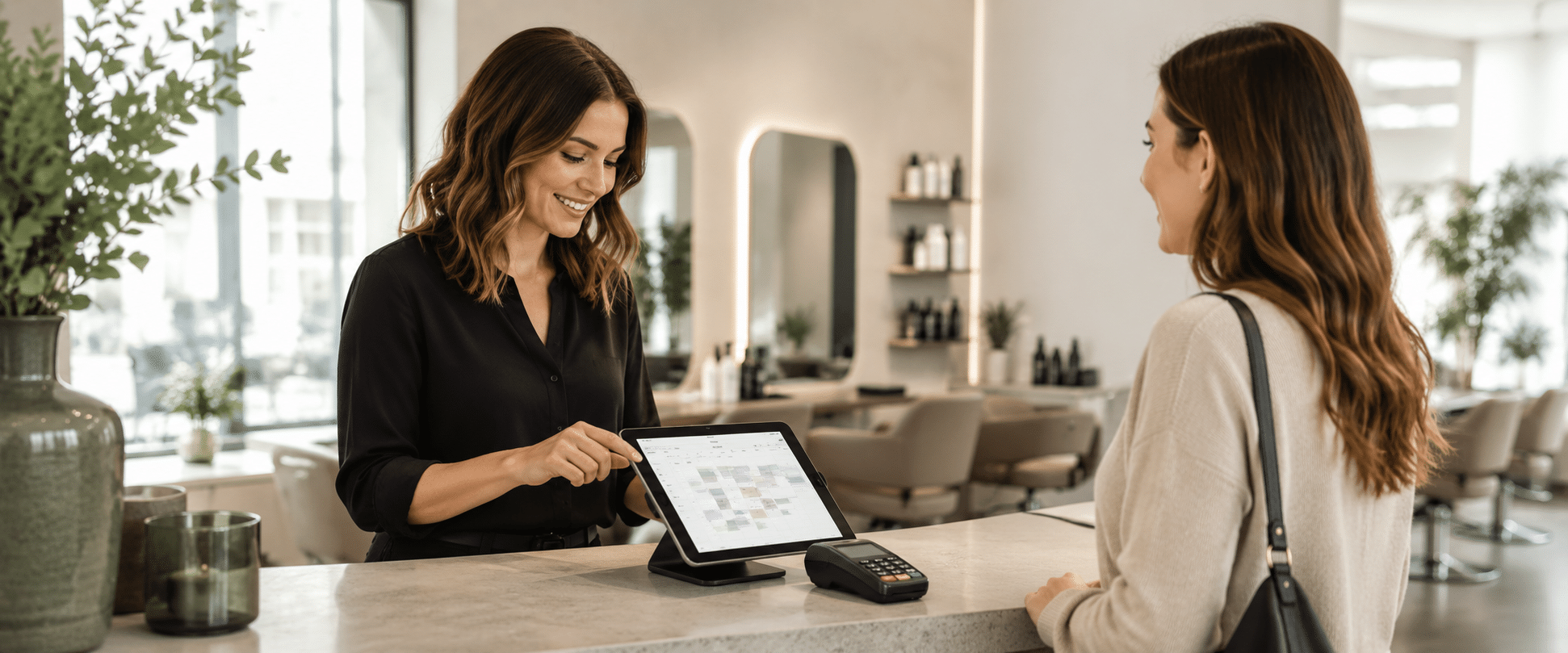 Friseur:in an der Kasse im Salon